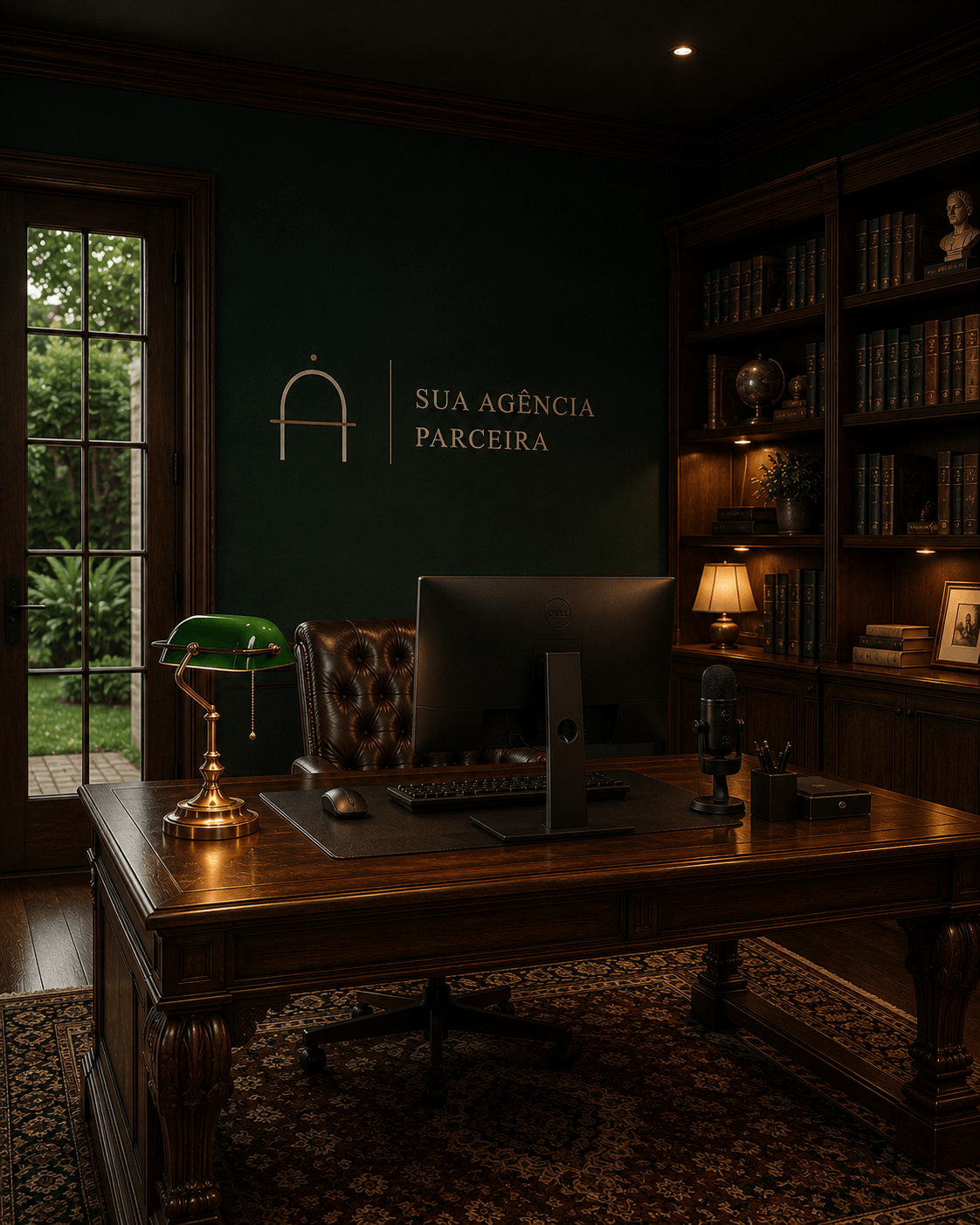Escritório da Sua Agência Parceira: parede verde com a logo, escrivaninha de madeira, monitor, microfone, webcam e janela com jardim.